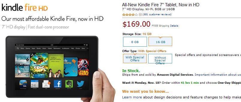 Kindle Fire HD亚马逊美国最新价格